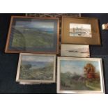 Five miscellaneous signed paintings - an Edwardian watercolour of Anstruther harbour by R Stewart, a