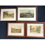 Hayward Harvey, three prints of hunting scenes, mounted and framed; and an Alken print, titled