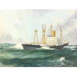 E Kendal, oil on board, marine study of Freetown ship in choppy seas after John Stobart, mounted &