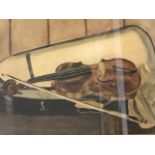 Lizzie Coltherd, watercolour, violin and case, signed, mounted and framed. (19in x 12in)