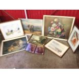 Joan Tingey, three framed watercolours; and six other miscellaneous framed prints after Cuneo,