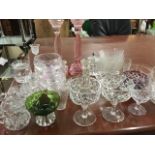 Miscellaneous glass including candlesticks, a set of finger bowls, jampots & covers, sets of dessert