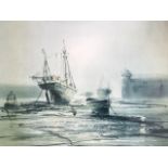 John Bampfield, lithographic print, titled to verso Misty Harbour, mounted and framed. (24in x