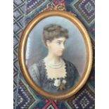 JA Cook, watercolour, oval bust portrait of a lady with pearl necklace, signed and in gadroon