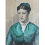 Pencil, pastel & watercolour, Victorian bust portrait of a lady in turquoise green dress with ribbon