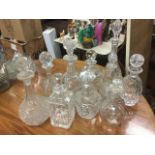 Ten miscellaneous cut glass decanters & stoppers - sherry, square whiskey, some nineteenth