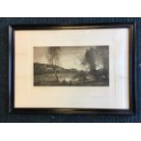 Corot, coloured river landscape print, a View of Ville d'Avrary, with embossed monogram to margin,