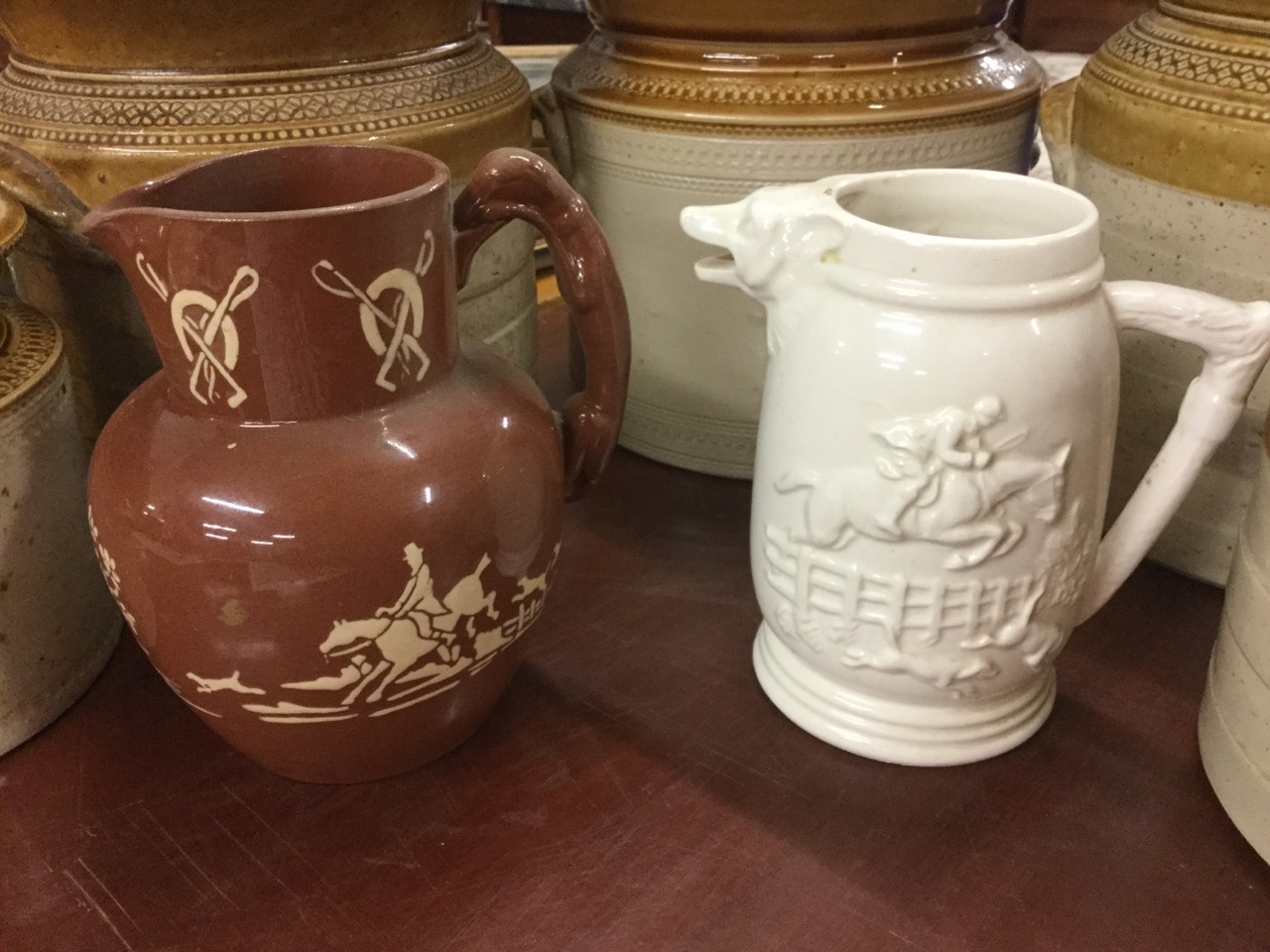 Five salt glazed nineteenth century embossed circular stoneware pots & covers - one minus lid; and - Image 2 of 3