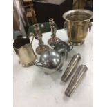 Miscellaneous metalware including a pair of hammered pewter tapering hunting flasks, a pair of