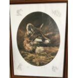 Mick Cranston, an oval print of a fox with monochrome vignettes to margin, signed and numbered in