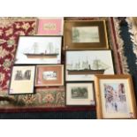 A collection of miscellaneous pictures & prints - a watercolour of Warkworth by FW Reaveley, a