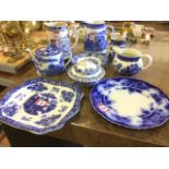 Five pieces of Maling blue & white willow pattern - jugs, teapot & cover, sandwich plate, etc; and