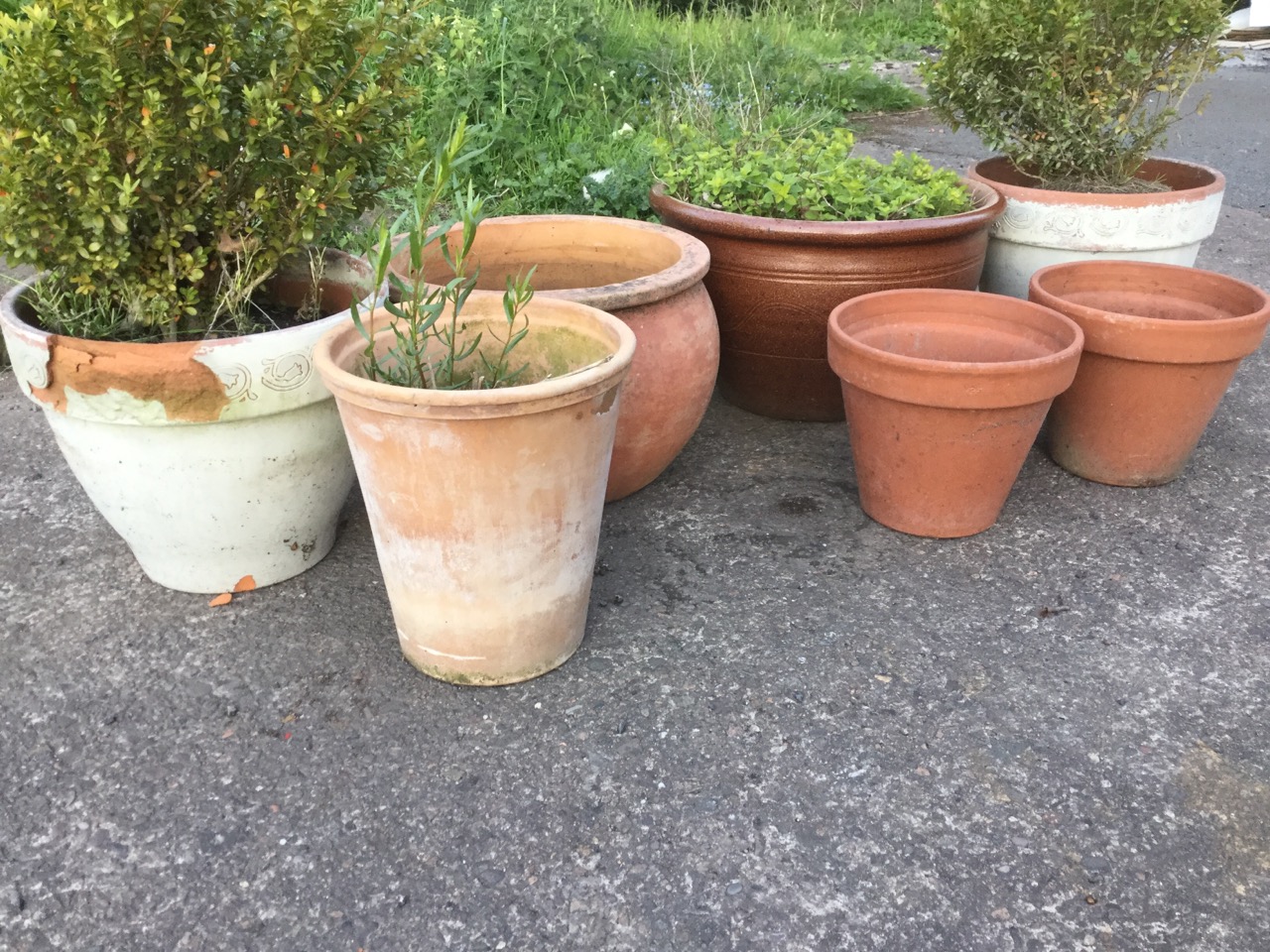 Seven miscellaneous garden pots - salt glazed, two pairs, terracotta, etc. (7)