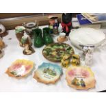 Miscellaneous ceramics including a Bretby black cat with glass eyes, a Victorian majolica vine