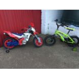 A Lanner motorbike style childs bike with stabilisers; and Last Exit childs bicycle with