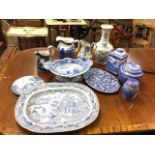 Miscellaneous blue & white ceramics including some Maling, an oval Spode entrée dish, jugs, caddies,