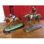 A faux bronze mounted horse & jockey on rectangular rounded plinth; and a painted galloping