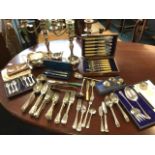 Miscellaneous silver plate & silver plated flatware including a pair of candelabra, cased