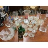 Miscellaneous glass including vases, sets of dessert bowls, jugs, a lemon squeezer, dishes, a caraf,