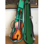 A modern cased Chinese violin by Lark, complete with bow. (20in)