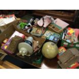 Miscellaneous childrens items including toy bricks, figurines, dollies, games, a box of marbles, a