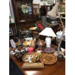 Miscellaneous collectors items including an oil lamp, a carved owl, a copper fondue set, sets of