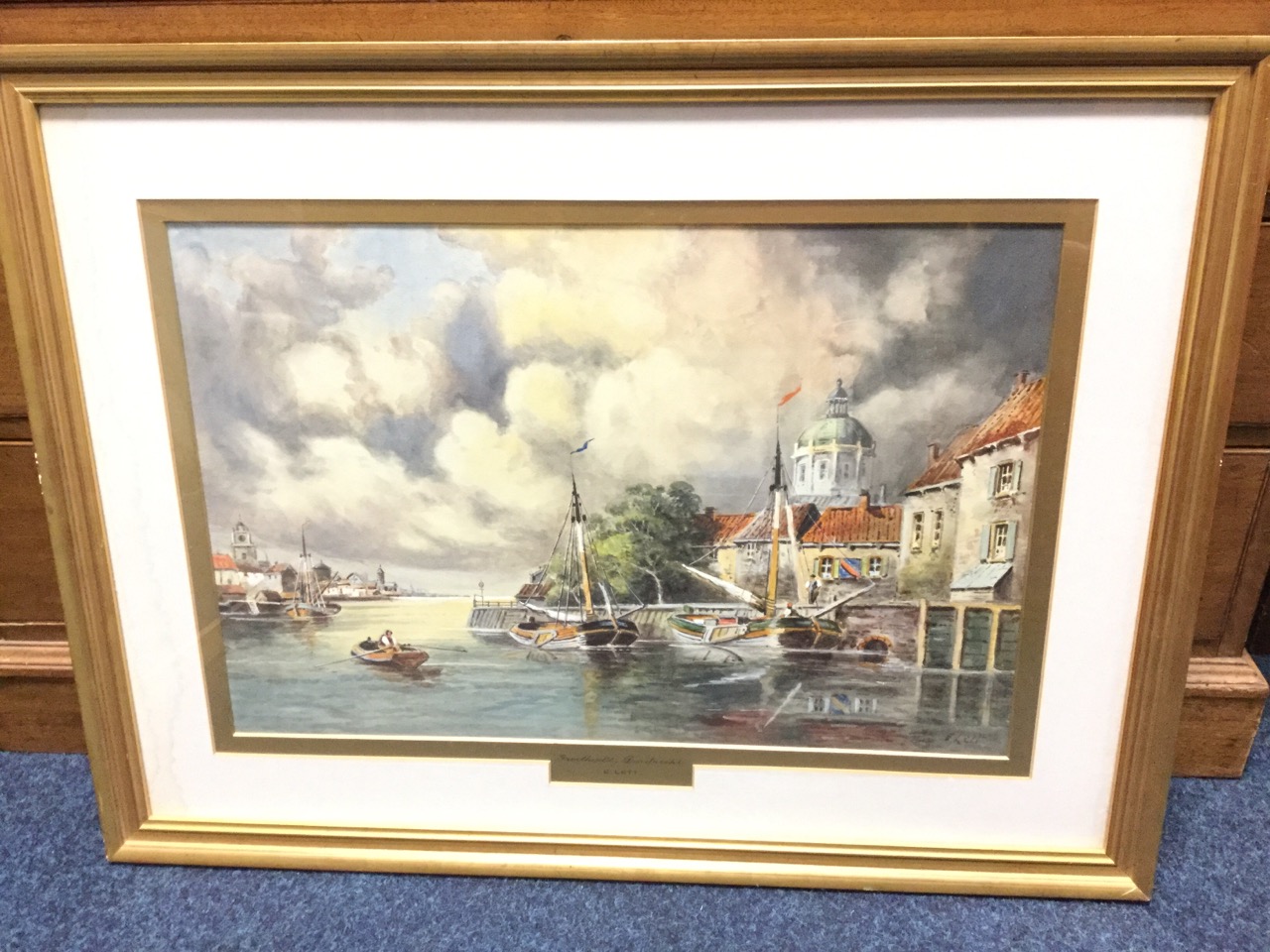 E Lett, watercolour, Dutch coastal estuary scene with boats & figures by quayside, titled Groothoofd