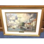 E Lett, watercolour, Dutch coastal estuary scene with boats & figures by quayside, titled Groothoofd