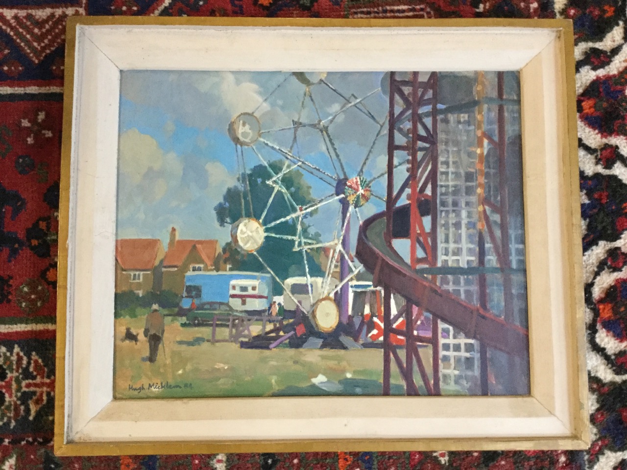 Hugh Ralph Micklem, oil on board, fairground scene with figures, titled to label verso The Fair at