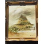 Nancie Foster, oil on canvas, shore landscape with Lindisfarne Castle, signed & gilt framed. (19.5in