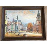 R Sllova, oil on canvas, Castle Square Warsaw with figures, signed & framed. (23in x 17.5in)