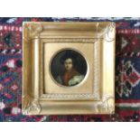 Nineteenth century oil on board, tondo miniature bust study of a lady with shawl, by repute to be