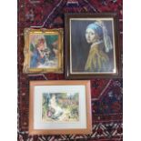 Molly Thorp, three framed paintings after Miles Birkett Foster, Vermeer and Renoir, signed. (3)