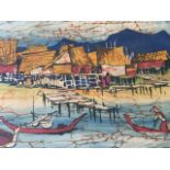 Choo Git Man, batic painting on fabric, river scene with figures, signed & framed. (22.5in x 15in)