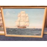 A Redpath, oil on board, tall ship in full sail on choppy seas, signed & framed. (30in x 23.25in)