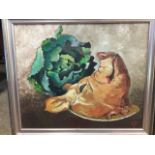 Claude Pendaries, oil on board, still life with pigs head & cabbage, signed with monogram,