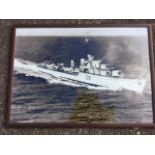 A framed sepia print of HMS Arunta, a tribal class destroyer served from 1949 - 1952, photographed