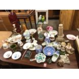 Miscellaneous ceramics and ornaments including delft, Wedgwood & Worcester dishes, a soapstone box &