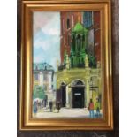 Oil on canvas, European street scene with figures, signed indistinctly, gilt framed. (10.75in x