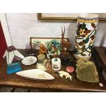 Miscellaneous ceramics & glass including a handpainted Spanish stickstand, a leaded glass lampshade,