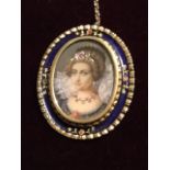 A finely painted bust portrait miniature of a young lady, set with diamonds & ruby to hair,