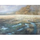 Robert Turnbull, pastel, wet field by the Tyne at Wylam, signed, mounted & framed. (14in x 10.5in)