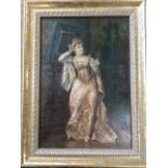 Bakalowicz, oil on board, interior scene with lady in dress adjusting her posy in mirror, signed and