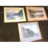 Three signed & framed landscape prints - Anthony Cain of Welsh mountains, J Burrows of Helvellyn