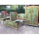 A 50s lacquered chinoiserie bedroom suite with arched wardrobe and compactum, double bed, dressing