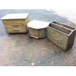 Two brass coal boxes embossed with galleons; and a twin division brass magazine rack embossed with