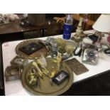 Miscellaneous items including two brass benares style circular trays, a peg rack, a silvered