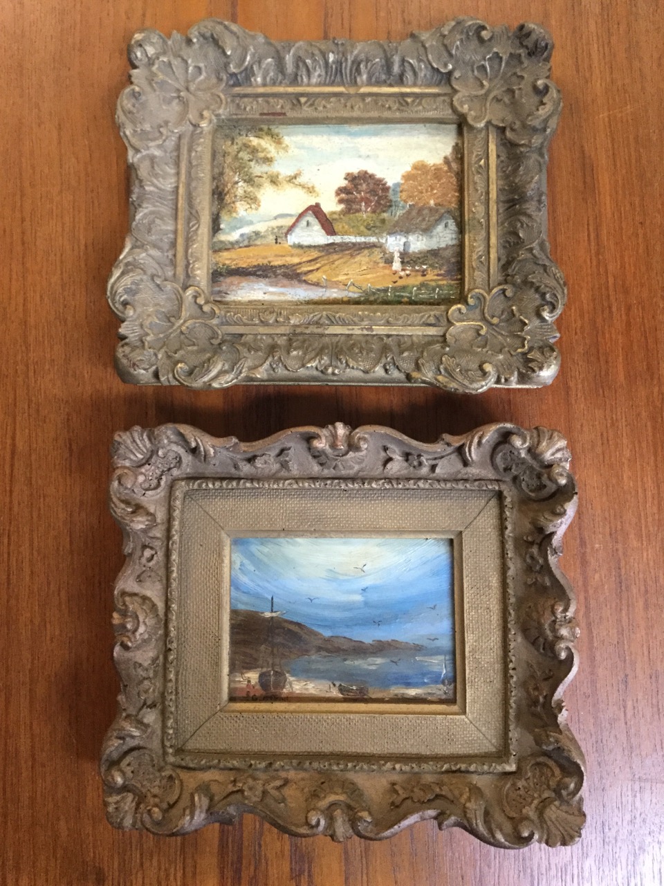 G Atkins, oil on copper, country scene with cottages and figure with chickens by pond, signed and in