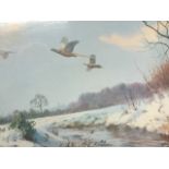 JC Harrison, coloured print, pheasants flying in winter river landscape, published by The Tryon