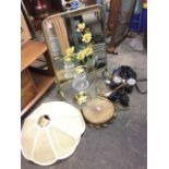 Miscellaneous items including a brass desk lamp, a cased pair of field glasses, an art nouveau